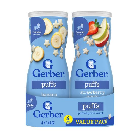 Picture of Gerber Baby Snacks Puffs Variety Pack, Banana & Strawberry Apple, 1.48 Ounce - 2 count of four packs, Package may vary, 1.48 Ounce (Pack of 8)