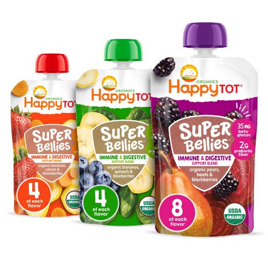 Picture of HAPPYTOT Organics Stage 4 Baby Food Pouches, Gluten Free, Vegan Snack, Super Bellies, Fruit & Veggie Puree, Variety Pack, 4 Ounce (Pack of 16), Amazon Exclusive