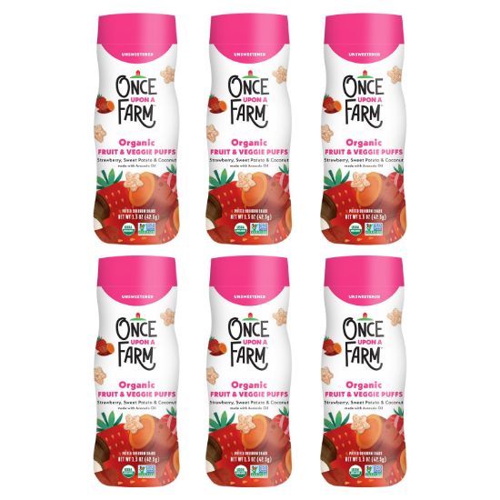 Picture of Once Upon A Farm Strawberry, Coconut & Sweet Potato Puffed Sorghum Snack, Fruit & Veggie Puffs, Non GMO, 1.5 Ounces (Pack Of 6)