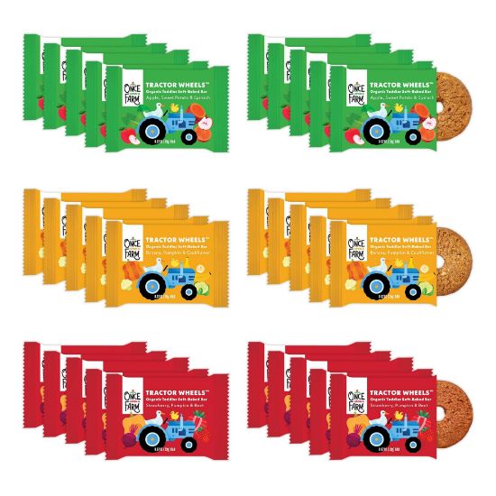 Picture of Once Upon a Farm | Organic Toddler Soft-Baked Bar Tractor Wheels Variety Pack | Apple, Strawberry, Banana | Made with Real Fruit & Veggies | No Added Sugar | 30 Bars