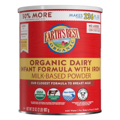 Picture of Earth's Best Organic Baby Formula for Babies 0-12 Months, Powdered Dairy Infant Formula with Iron, Omega-3 DHA, and Omega-6 ARA, 32 oz Formula Container