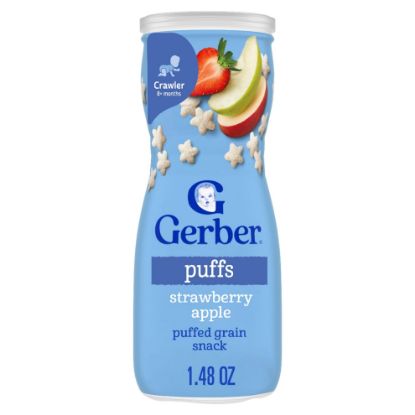 Picture of Gerber Stage 3 Baby Snacks, Strawberry Apple Puffs, Puffed Grain Snack, Baby Led Feeding, Iron & Choline, Strawberry Apple Puffs Snacks, 6-Pack