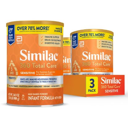 Picture of Similac 360 Total Care Sensitive Infant Formula for Fussiness & Gas Due to Lactose Sensitivity, Has 5 HMO Prebiotics, Baby Formula Powder, 34.9-oz Value Can, Pack of 3