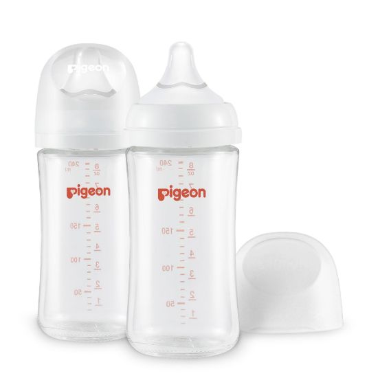 Picture of Pigeon Glass Nursing Bottle Wide Neck, Anti-Colic, Streamlined Body, Natural Feel, Easy to Clean, Heat-Resistant, 8.1 Oz (Pack of 2), Includes 2pcs M Nipples (3m+)