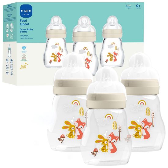 Picture of MAM 6oz Premium Glass Wide Neck Baby Bottle with Slow Flow Breastfeeding-Like Silicone Nipple, Easy to Clean,BPA Free, 0+ Months, Easy Switch Between Breast and Bottle, Made in Europe, 3 Pack Unisex
