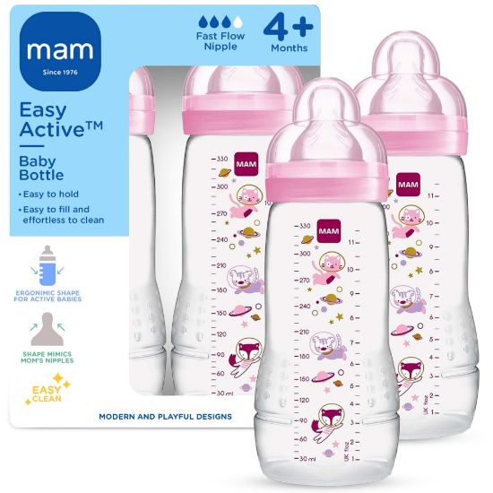 Picture of MAM Easy Active Baby Bottle 2 Pack, 11oz, BPA Free, Fast Flow Silicone Nipple, Anti-Slip Grip, Leak-Proof, 4+ Months, Purple Iris