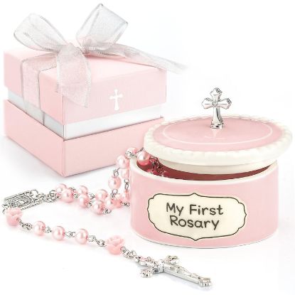 Picture of Baptism Gifts for Girl - My First Rosary with Ceramic Keepsake Box, Catholic Christening Gift Set, Pink Rosary for Kids, Baptism, First Communion & Baby Dedication Gifts for Newborn Baby Girls
