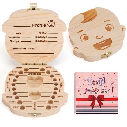 Picture of NASHRIO Baby Tooth Box Wooden Kids Keepsake Organizer Gift for Baby Teeth, Cute Children Tooth Container with Tweezers to Keep the Childwood Memory (Boy)