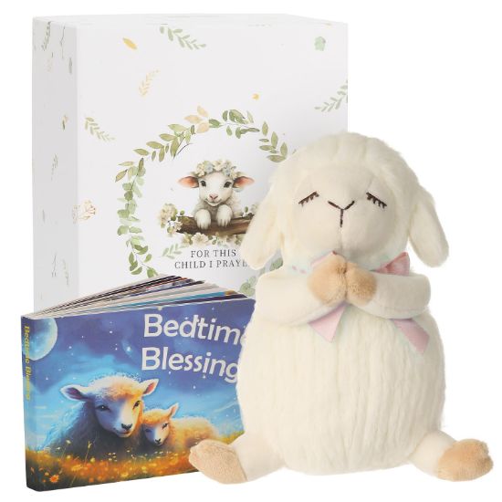 Picture of Sawnfay Baptism Gifts for Girls and Newborn Baby, Christening Gifts Set, 7" Praying Lamb Plush Toy and Bedtime Blessing Book in Keepsake Gift Box, Ideal Easter Gifts for Kids