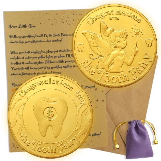 Picture of Tooth Fairy Gifts for Boys & Girls,Tooth Fairy Coins Keepsake Kit, Golden Tokens with Tooth Pouch,Letter from Tooth Fairy