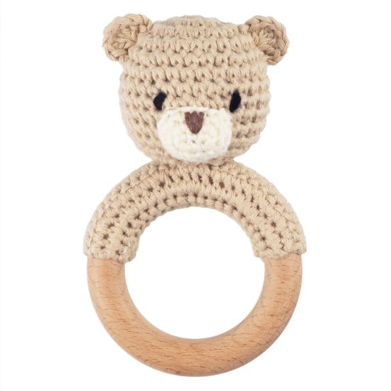Picture of Joliecraft Safari Animals Wooden Baby Rattle Toys Stuffed Crochet Rattle with Teether Ring for Newborn, Beige Bear