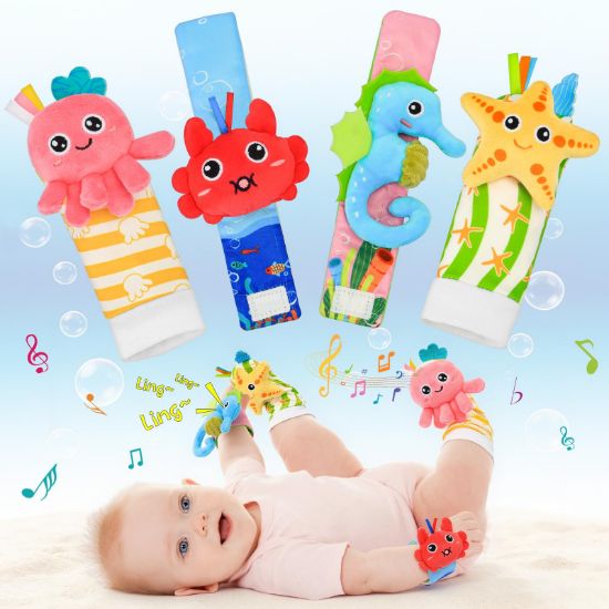 Picture of Zendstanding Baby Wrist Rattle Foot Finder Socks Set, CPC Safe Sensory Plush Toys for 0-12 Months Newborn Boys Girls, Ocean Rattles Baby Shower Registry Gift for Expecting Moms Essentials