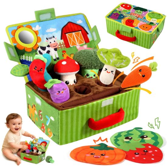 Picture of FREYBLI Baby Toys 6-12 Months - Soft Vegetable Garden Plant Plush Toy - 6 Month Old Boy Girl Toys Gifts Easter Basket Stuffers, Montessori Sensory Toy with Rattles, Mirror, Squeaker, Textures, Crinkle