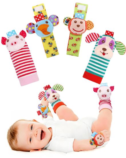 Picture of SSK Soft Baby Wrist Rattle Foot Finder Socks Set,Cotton and Plush Stuffed Infant Toys,Birthday Holiday Birth Present for Newborn Boy Girl 0/3/4/6/7/8/9/12/18 Months Kids Toddler,4 Cute Animals