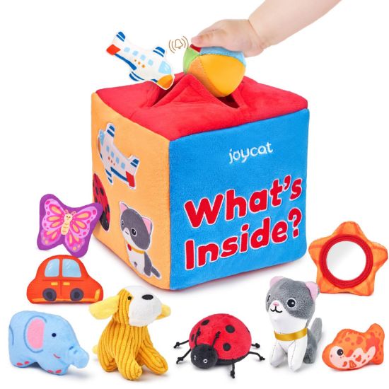 Picture of JoyCat Baby Toys 6-12 Months - Mystery Soft Box with 10 Sensory Objects, Rattle, Crinkle Paper, Mirror - What's Inside Box Infant Gifts, Soft Busy Toys 1-2 - Baby Easter Basket Stuffers Gifts