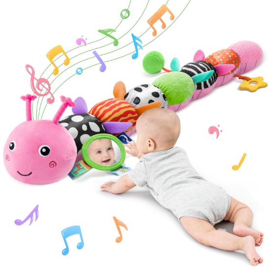 Picture of Tummy Time Baby Toys Sensory Musical Animal Stuffed Car Seat Toy for Infant 0-3-6-12 Months Newborn, Plush Caterpillar with Mirror,Crinkle,Rattle Teething Toys for Baby Boys Girls Shower Gifts, Pink