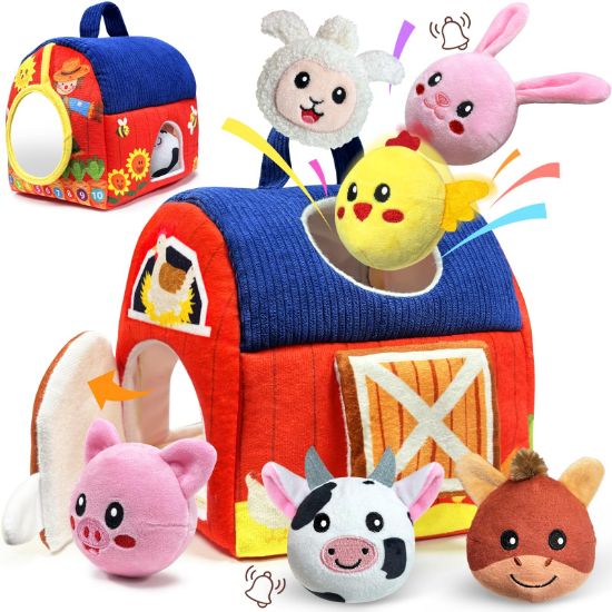Picture of Baby Toys 6-12 Months - Infant Barn Toy with Stuffed Farm Animals, Rattle, Crinkle, Squeak, Mirror - Montessori Sensory Toys for 6 7 8 9 10 12 Month Old Babies, 1 Year Old Baby Boy Girl Gifts