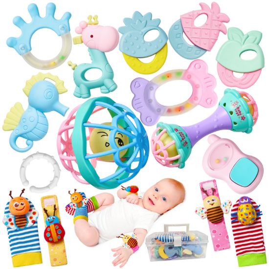 Picture of 15PCS Rattles for Babies 0-6 Months - BPA-Free Baby Rattles 0-3, 6-12 Months for Newborn Soft Teething Toys Infant Toys with Wrist & Ankle Rattles, Baby Gift Set with Box for Hand-Eye Coordination