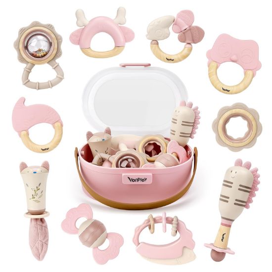 Picture of Baby Toys 0-6 Months, Baby Rattles, Teething Toys 3-6 Months, Infant Toys 6-12 Months, 10PCS Pink Sensory Rattles & Teethers with Storage Box, Newborn Shower Gift Girl