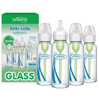 Picture of Dr. Brown's Anti-Colic Options+ Narrow Glass Baby Bottle with Level 1 Slow Flow Nipple, BPA-Free, 8 oz/250 mL, 0m+, 4-Pack (Packaging May Vary)