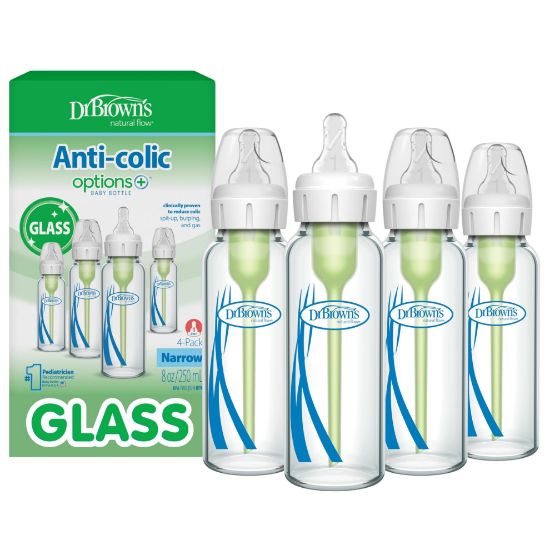 Picture of Dr. Brown's Anti-Colic Options+ Narrow Glass Baby Bottle with Level 1 Slow Flow Nipple, BPA-Free, 8 oz/250 mL, 0m+, 4-Pack (Packaging May Vary)
