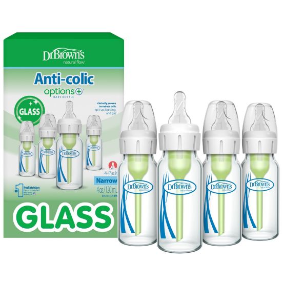 Picture of Dr. Brown's Anti-Colic Options+ Narrow Glass Baby Bottle with Level 1 Slow Flow Nipple, BPA-Free, 4 oz/120mL, 4-Pack