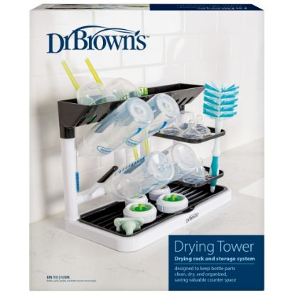 Picture of Dr. Brown's Baby Bottle Drying Tower, Stand-Up Countertop Drying Rack with Organized Storage for Baby Essentials, Space Saving Vertical Rack, Black/White