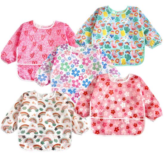 Picture of PandaEar 5 Pack Baby Long Sleeve Bibs| Waterproof Full Sleeve Bib for Baby Infant Toddler 6-36 Months (Pink)