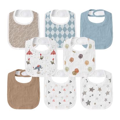 Picture of GLLQUEN BABY Muslin Drool Bibs for Boys Girls 8 Pack, Adjustable Baby Bibs for Drooling and Teething, Soft Cotton Baby Bandana Bib for Newborn Feeding Essentials (Circus)