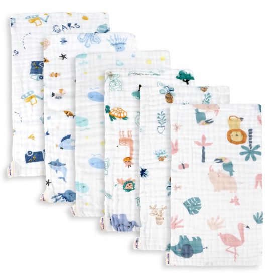Picture of Maliton Muslin Baby Burp Cloths 6 Pack Large 20''x10'' Cotton Burp Rags Absorbent and Soft 6 Layers Muslin Cloth Baby Essentials for Newborn(Animals and Cars, Pack of 6)
