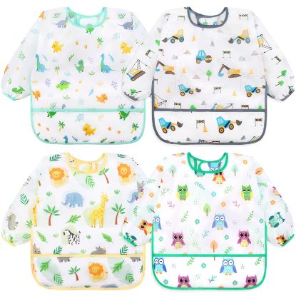 Picture of Accmor 4 Pack Long Sleeve Bibs, Baby Smock Waterproof Sleeved Bib Smock for Baby Toddler 6-24 Months