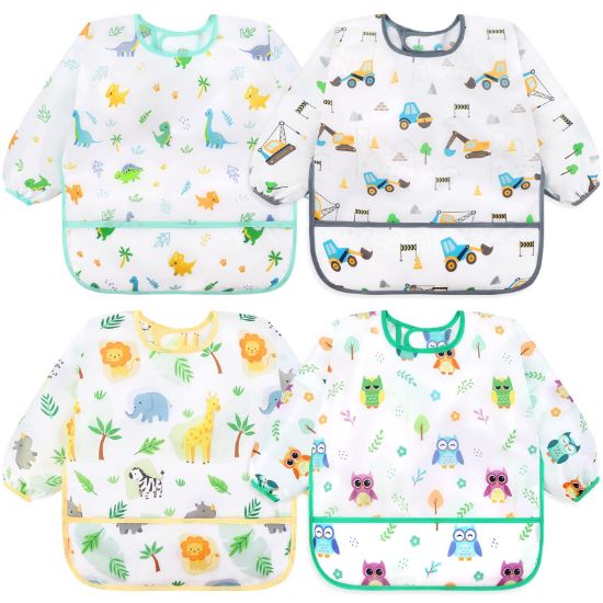 Picture of Accmor 4 Pack Long Sleeve Bibs, Baby Smock Waterproof Sleeved Bib Smock for Baby Toddler 6-24 Months