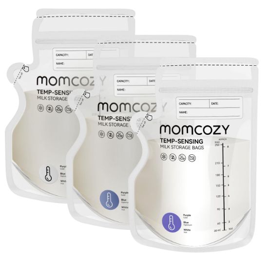 Picture of Momcozy Easy Pour Breastmilk Storage Bag, 8Oz, Temp-Sensing Color Change, 120 Count Milk Bag with Self Standing for Breastfeeding, No Leak Presterilized for Freezer, Recyclable & BPA Free