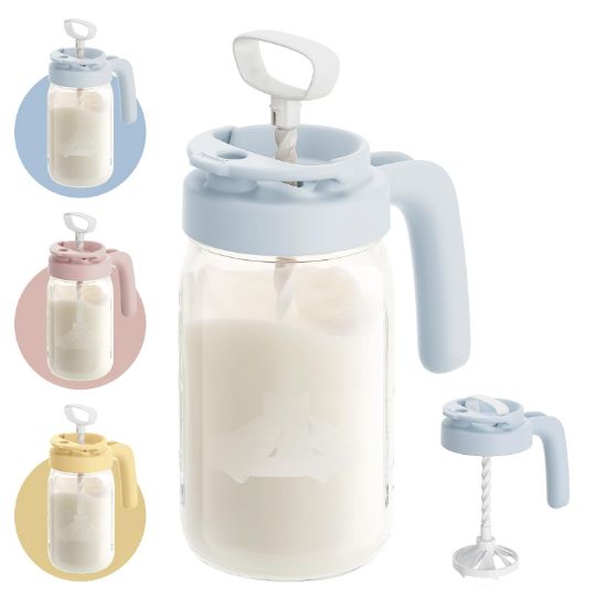 Picture of Papablic Breast Milk Pitcher - Baby-Safe Glass Formula Mixer with Easy-Blend Handle Lid, Wide-Mouth Mason Jar, Leakproof Flip-Lock Spout, BPA-Free, Gift for New Moms, Blue