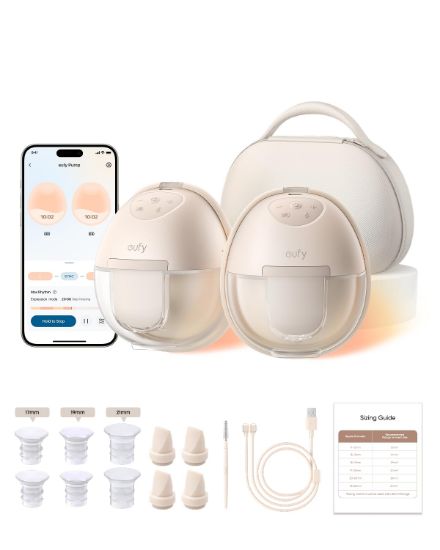 Picture of eufy Security Heated Wearable Breast Pump S1 Pro, Slim Hands-Free with Industry-Leading HeatFlow Tech, Wireless Charging Case, App-Controlled OptiRhythm, Hospital-Grade Suction, in-Bra Use