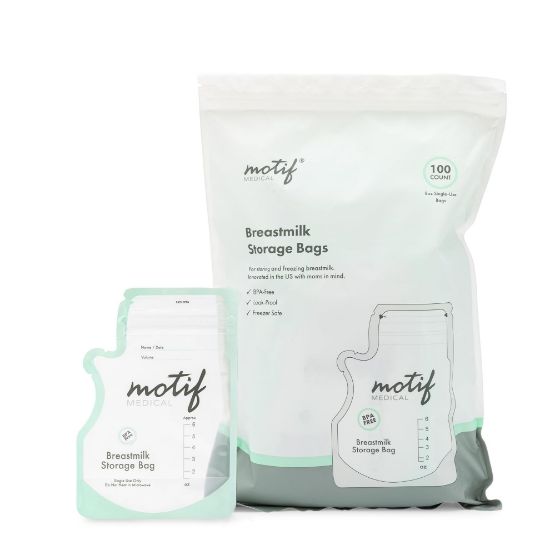Picture of Motif Medical Breastmilk Storage Bags - Breastmilk Freezer Bags w/Easy Pour Spout, Write-On Label - Leak-Proof Double Zipper Milk Bags for Breastmilk - Breastfeeding Mom Gifts (6 oz, 100 Count)