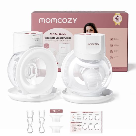 Picture of Momcozy Breast Pump S12 Pro Quick, Hands-Free Wearable & Wireless Pump, with DoubleFit Hybrid Flange, 3 Modes & 9 Levels Electric Pump Portable, Smart Display, 2 Count, Cozy White