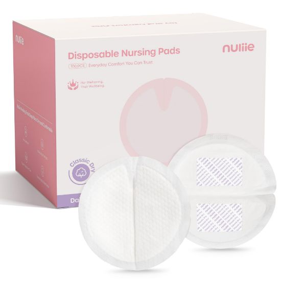 Picture of Nuliie Super Absorbent & Featherlight Disposable Nursing Pads 100 Count, Stay Dry, Soft & Breathable Breast Pads for Leaking Milk, Leakproof, Individually Packaged Breastfeeding Essentials for Moms