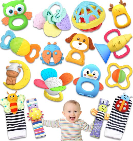 Picture of AZEN 16 Pack Baby Rattles Teething Toys 3-6 Months, Baby Toys 0-6 Months, Newborn Infant Toys 6-12 Months, Essentials Must Haves Wrist Socks Toddler Stocking Stuffers Christmas Gifts