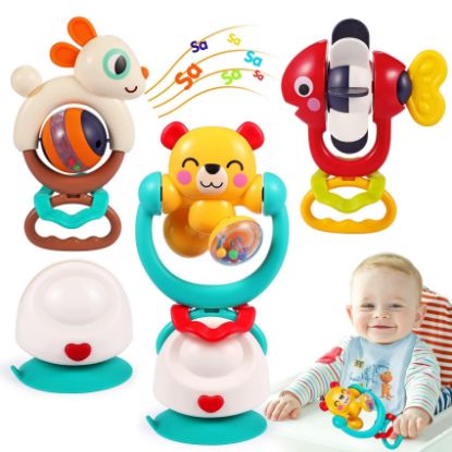 Picture of Baby Toys 6-12 Months Infant Toy Set of 3 High Chair Suction Cup Rattle Teething Toys for Babies 6 7 9 12-18 Months 2-in-1 Sensory Development Tray Toy Baby Gifts for Boys Girls