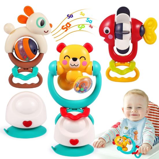 Picture of Baby Toys 6-12 Months Infant Toy Set of 3 High Chair Suction Cup Rattle Teething Toys for Babies 6 7 9 12-18 Months 2-in-1 Sensory Development Tray Toy Baby Gifts for Boys Girls