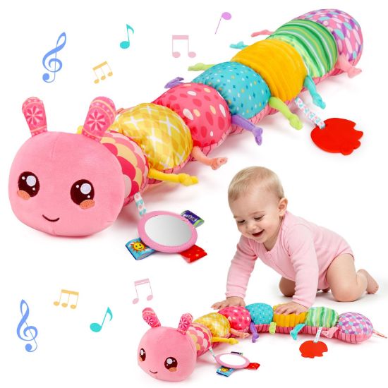 Picture of Baby Girls Toys 0-6 Month Music Animal Stuffed Caterpillar Toy for Infant 0-3 3-6 Months Mirror Crinkle Rattle Tummy Time Sensory Toys for 3 4 5 6-12 Month Old Newborn Baby Shower Easter Gifts