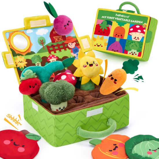 Picture of hahaland Baby Toys 6-12 Months - Fruits Vegetables Garden Plant Plush - 6 Month Old Toys Montessori Sensory Toy Carrot Flower with Rattles Mirror Squeaker Textures Crinkle Tissues Easter Baby Gifts
