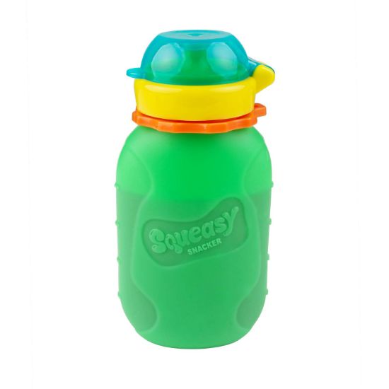 Picture of Green 6 oz Squeasy Snacker Spill Proof Silicone Reusable Food Pouch - for Both Soft Foods and Liquids - Water, Apple Sauce, Yogurt, Smoothies, Baby Food - Dishwasher Safe