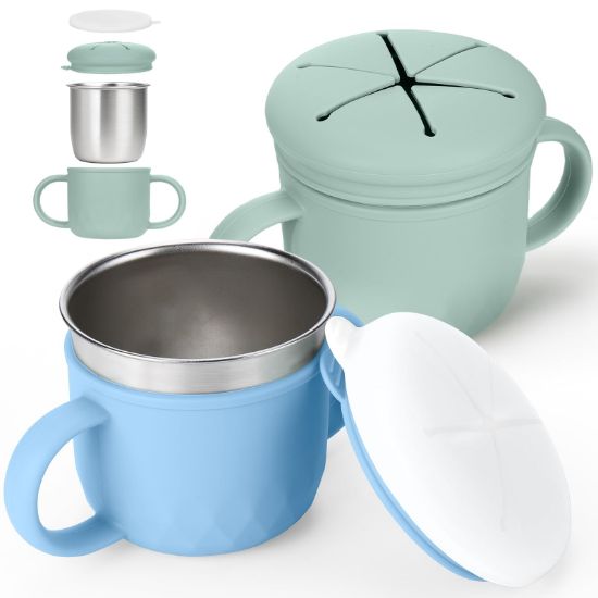 Picture of Mity rain 2-Pack Stainless Steel Snack Containers, 4-in-1 Spill proof Snack Cups With Silicone Lid and Handle, Dishwasher Safe Travel Snack Containers for Kids and Infants (Green + Blue)