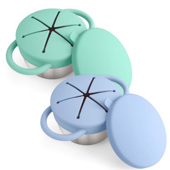 Picture of Mity rain 2-Pack Stainless Steel Snack Containers for Kids with Spill-Proof Silicone Lids & Handles - 3-in-1 Baby Snack Cups, No-Spill Toddler Snack Box, Perfect for On-the-Go Healthy Eating