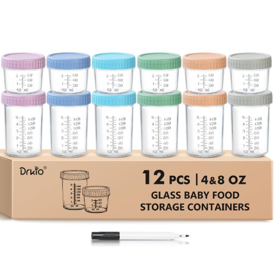 Picture of DRKIO 12 Pack Glass Baby Food Storage Containers - 4 & 8 oz Baby Food Jars with Lids Baby Food Maker Microwave Dishwasher Freezer Safe Leak Proof BPA Free Reusable