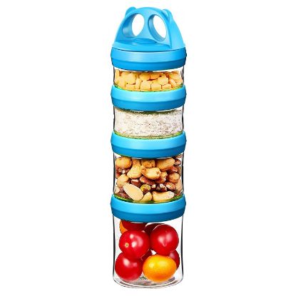 Picture of SELEWARE Portable Stackable Food Storage Containers for Snacks Formula Powder and Drinks Twist Lock System Airtight Leak-proof BPA and Phthalate Free 4 Piece Jars 31oz Blue