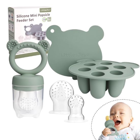 Picture of LittlesJoy Silicone Baby Fruit Feeder & Freezer Tray Set, Breast Milk Popsicle Mold, BPA Free for 3+ Months, Includes Silicone Pouches (Sage)