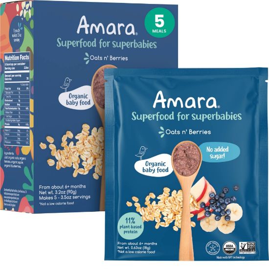Picture of Amara Organic Baby Food - Stage 2 - Oats & Berries - Baby Cereal to Mix With Breastmilk & Water - Shelf Stable Baby Food Pouches Made from Organic Fruit and Veggies - 5 Pouches, 3.5oz Per Serving